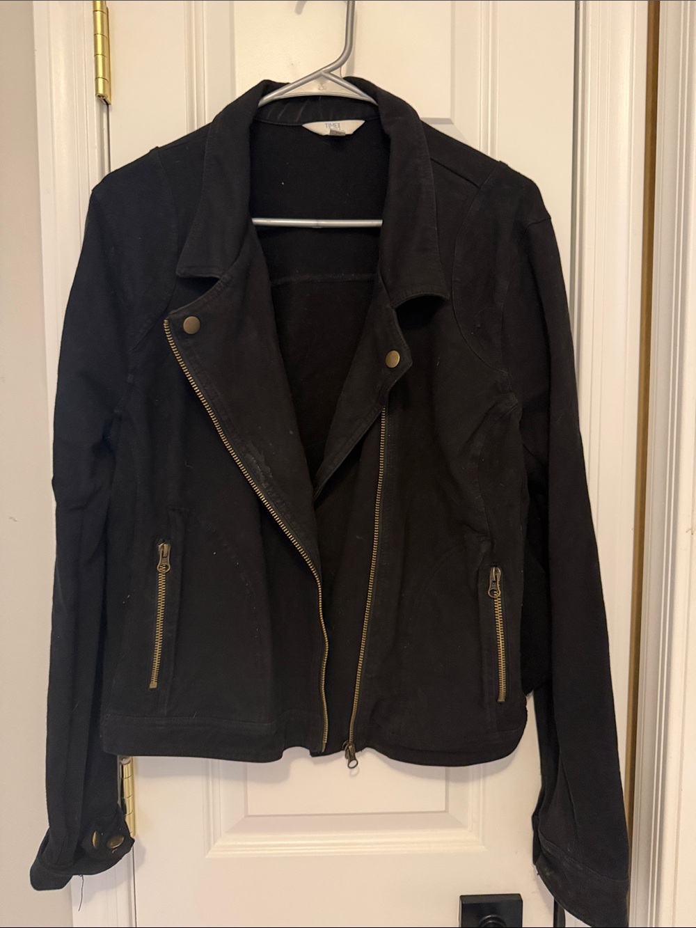 Time and Tru Black Moto Jean Jacket with Asymmetrical Zipper